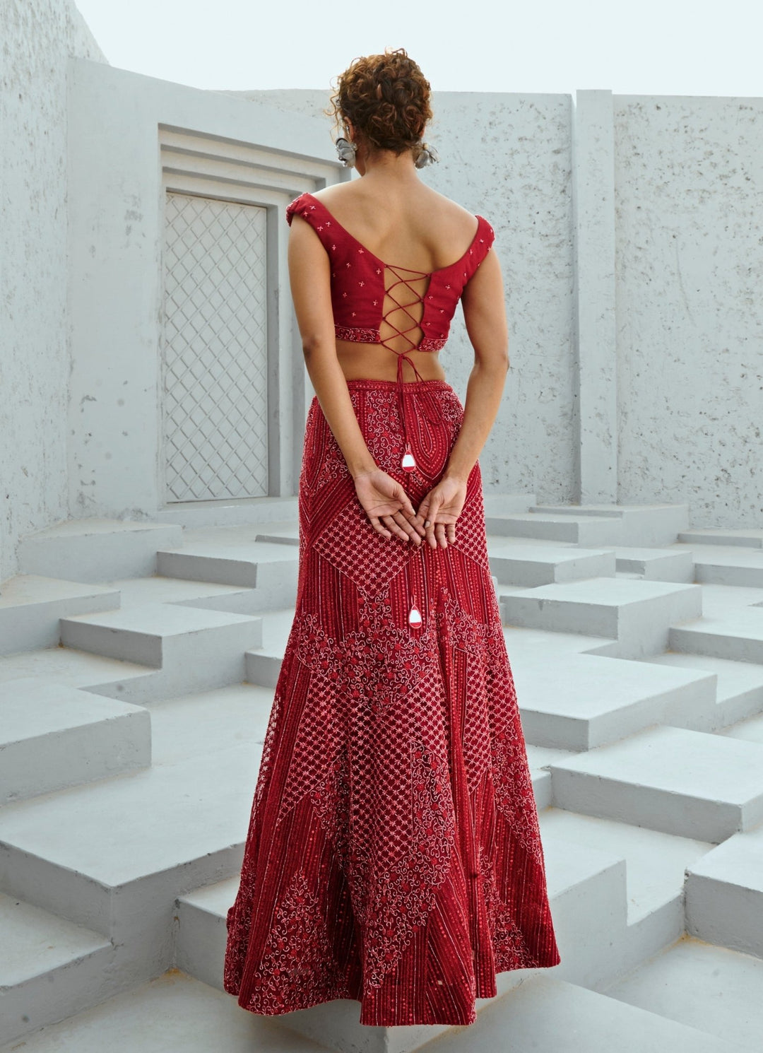 Deep Red Embroidered Bridal Silk Lehenga Set Chamee and Palak - Fabilicious Fashion