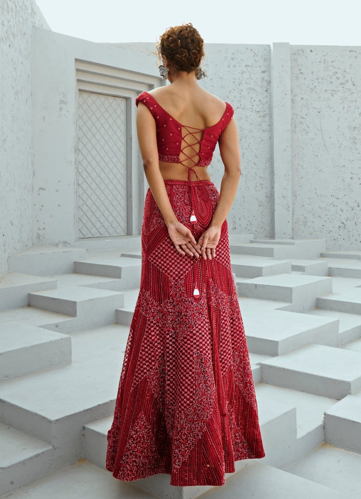 Deep Red Embroidered Bridal Silk Lehenga Set Chamee and Palak - Fabilicious Fashion