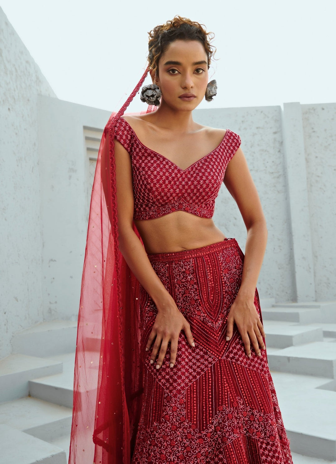 Deep Red Embroidered Bridal Silk Lehenga Set Chamee and Palak - Fabilicious Fashion