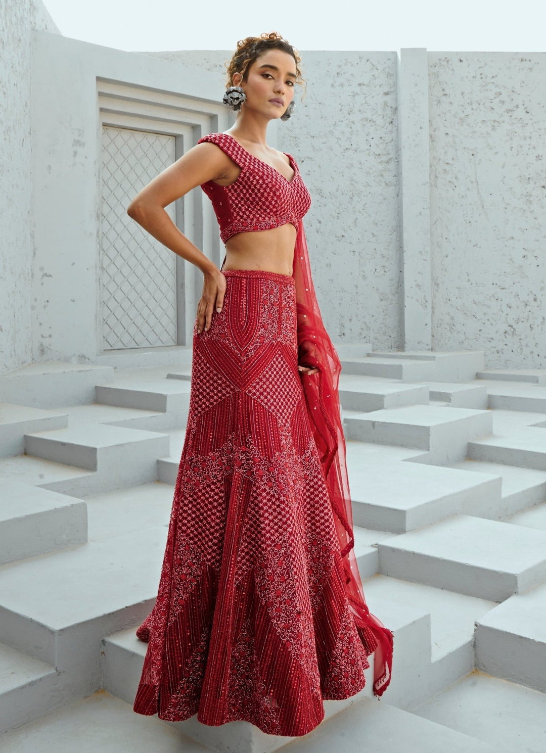Deep Red Embroidered Bridal Silk Lehenga Set Chamee and Palak - Fabilicious Fashion