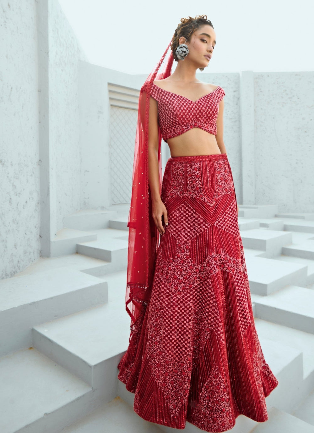 Deep Red Embroidered Bridal Silk Lehenga Set Chamee and Palak - Fabilicious Fashion