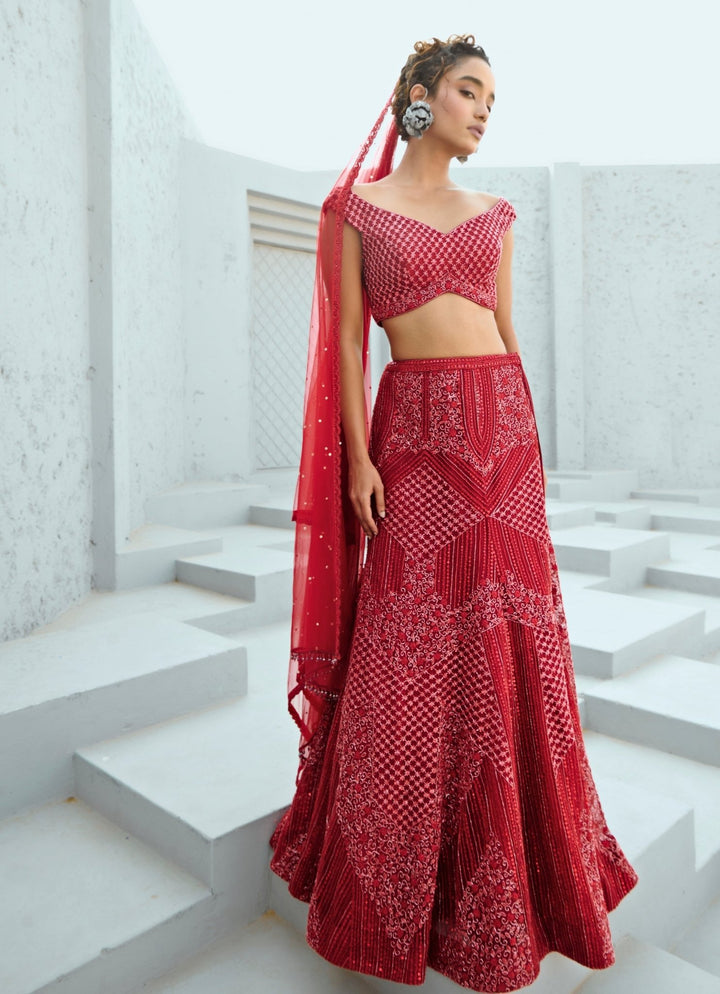 Deep Red Embroidered Bridal Silk Lehenga Set Chamee and Palak - Fabilicious Fashion