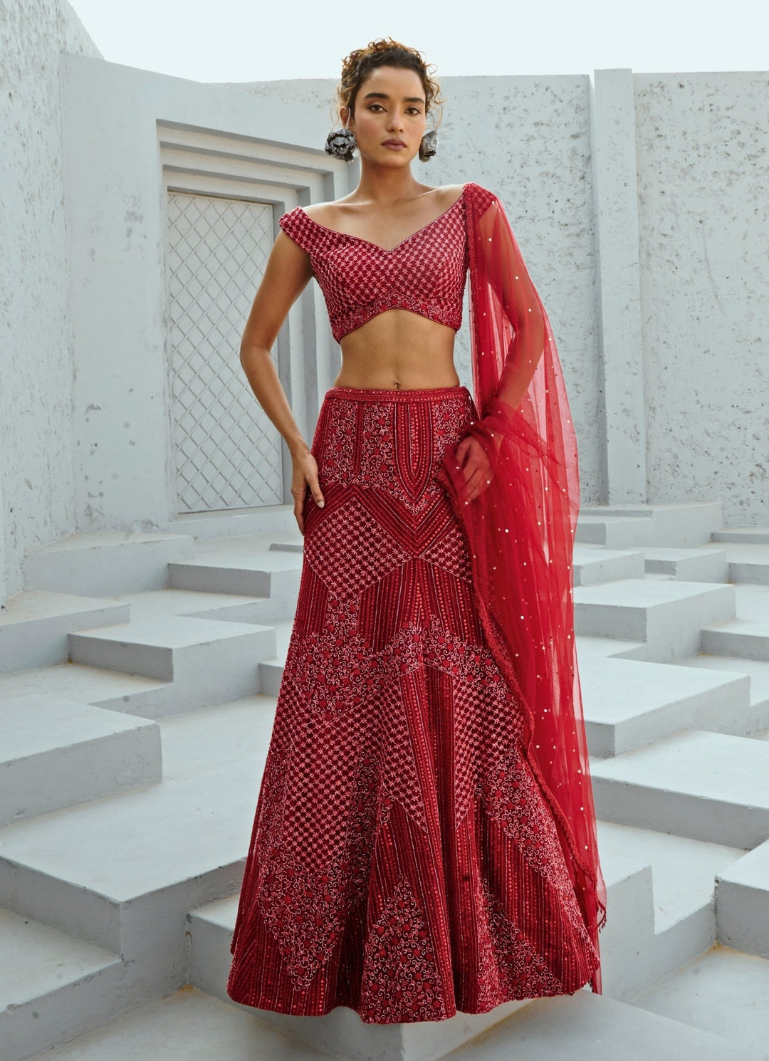 Deep Red Embroidered Bridal Silk Lehenga Set Chamee and Palak - Fabilicious Fashion