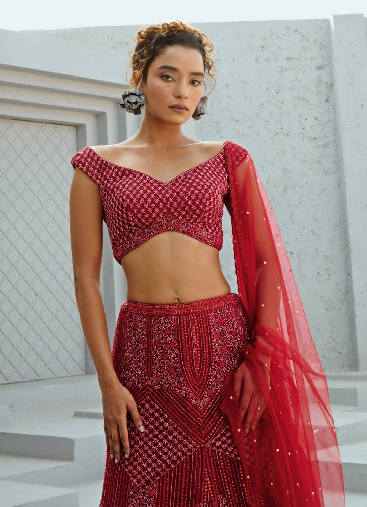 Deep Red Embroidered Bridal Silk Lehenga Set Chamee and Palak - Fabilicious Fashion
