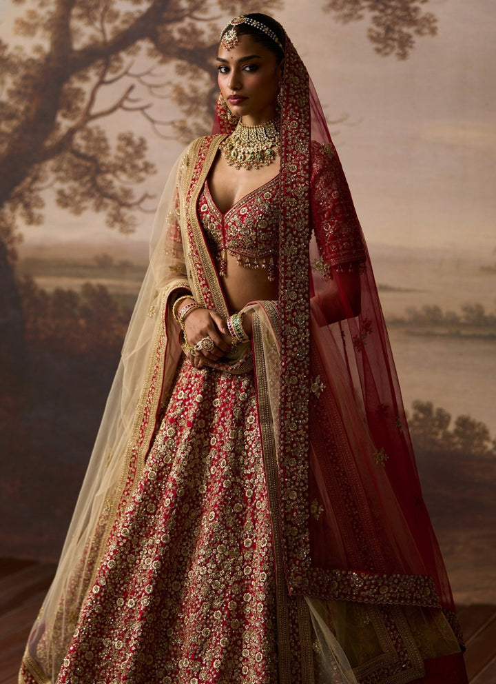 Angad Singh Deep Red Embroidered Raw Silk Bridal LehengaFabilicious Fashion