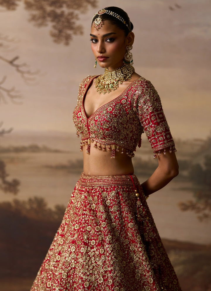 Angad Singh Deep Red Embroidered Raw Silk Bridal LehengaFabilicious Fashion