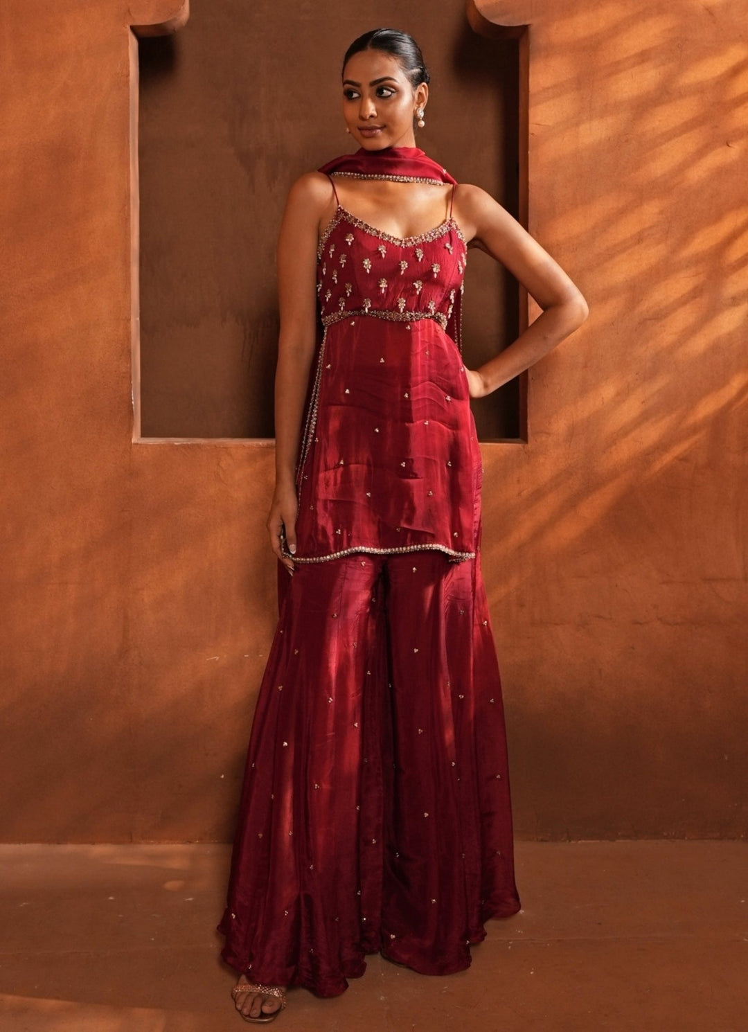 Deep Red Embroidered Silk Kurta Sharara Set Enamour by Radha - Fabilicious Fashion