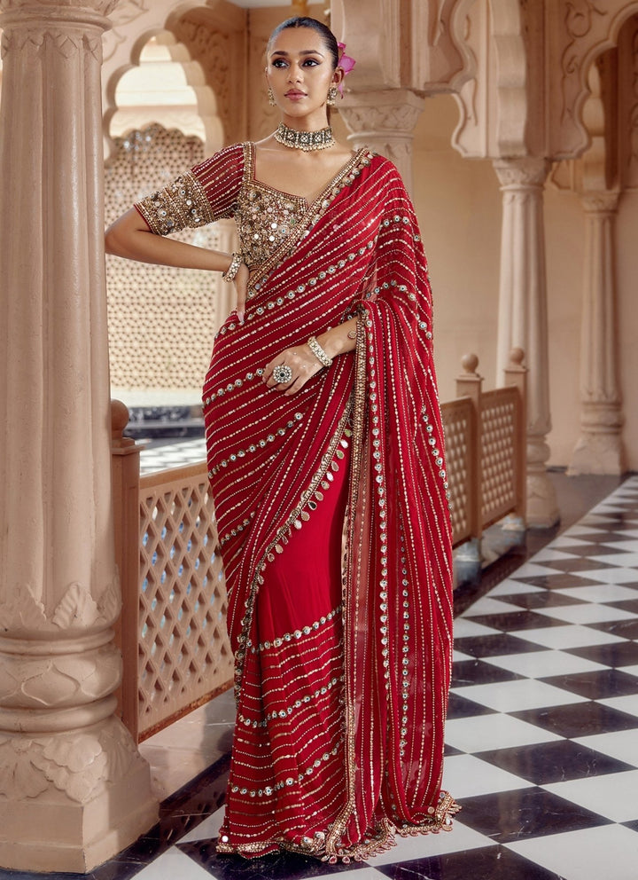Nidhika Shekhar Deep Red Georgette Pre-Draped Saree SetFabilicious Fashion