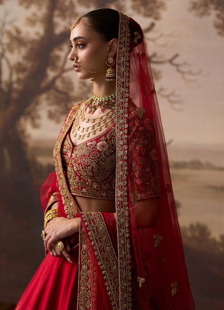 Angad Singh Deep Red Raw Silk Double Dupatta Bridal LehengaFabilicious Fashion