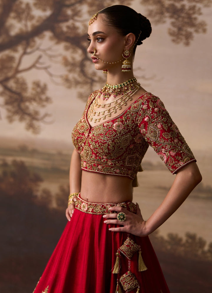 Angad Singh Deep Red Raw Silk Double Dupatta Bridal LehengaFabilicious Fashion