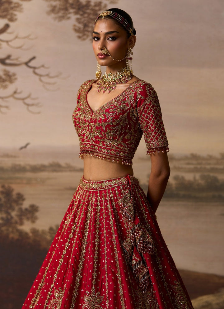 Angad Singh Deep Red Raw Silk Double Dupatta Lehenga SetFabilicious Fashion