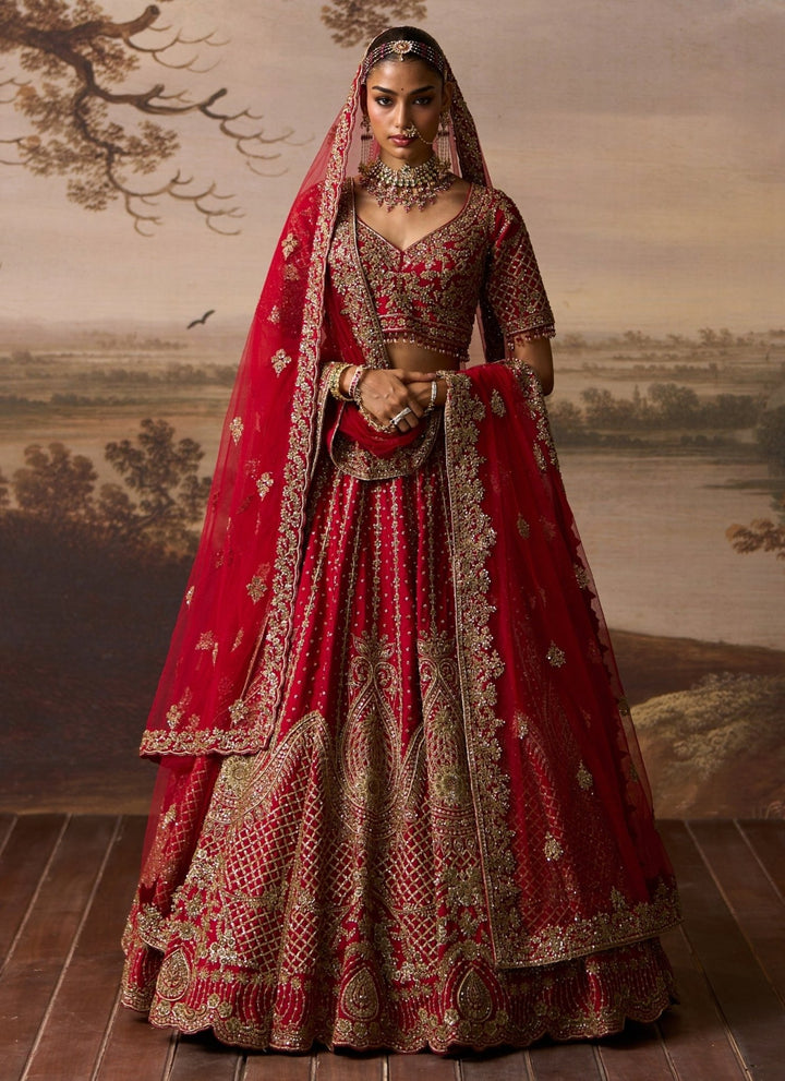Angad Singh Deep Red Raw Silk Double Dupatta Lehenga SetFabilicious Fashion