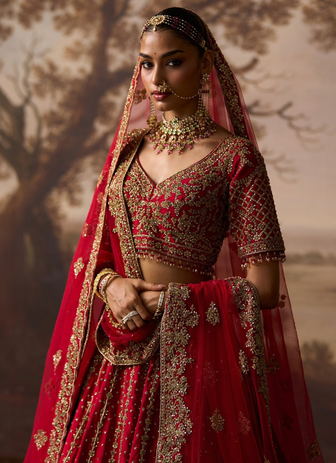 Angad Singh Deep Red Raw Silk Double Dupatta Lehenga SetFabilicious Fashion