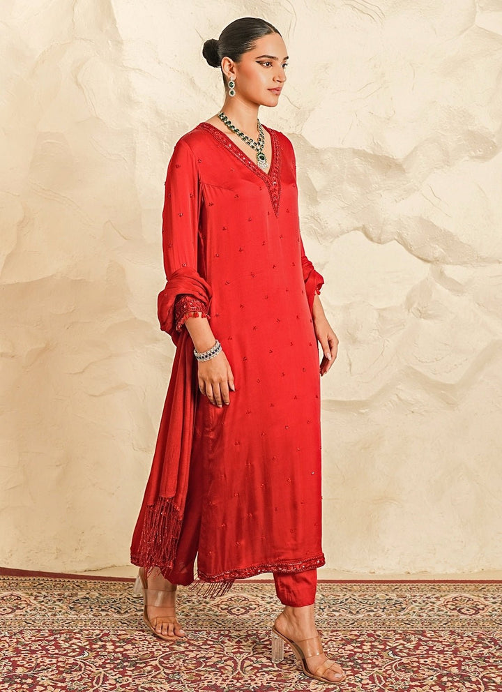 Nidhika Shekhar Deep Red Satin Kurta Pants SetFabilicious Fashion