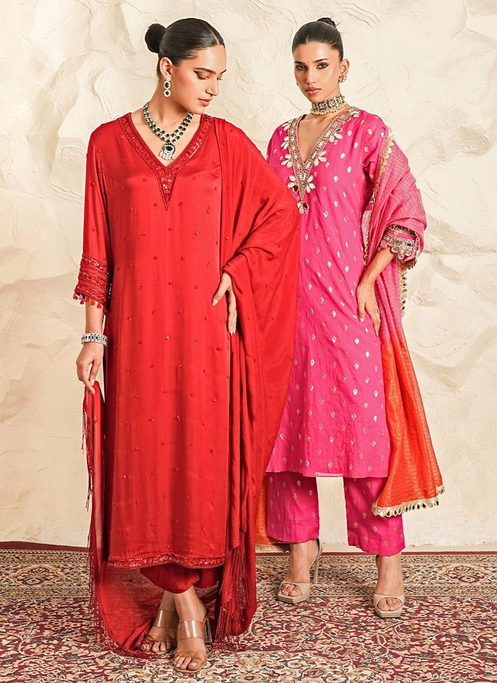 Nidhika Shekhar Deep Red Satin Kurta Pants SetFabilicious Fashion