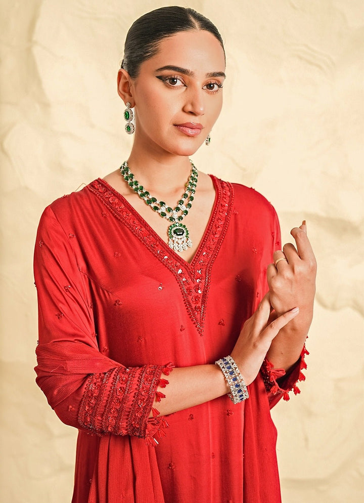 Nidhika Shekhar Deep Red Satin Kurta Pants SetFabilicious Fashion