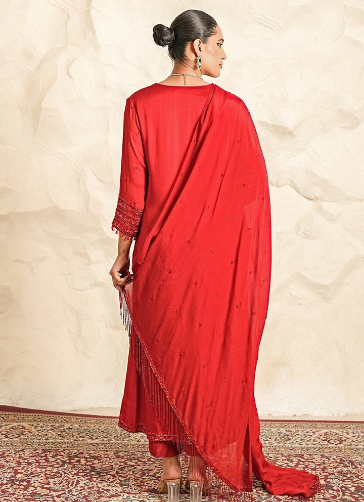 Nidhika Shekhar Deep Red Satin Kurta Pants SetFabilicious Fashion
