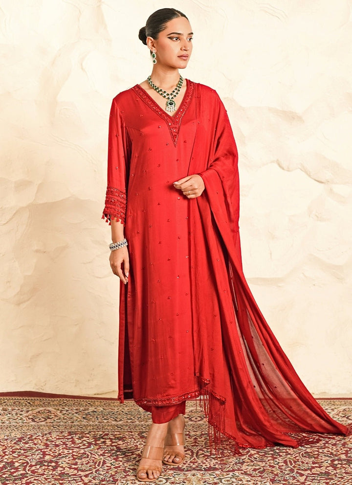 Nidhika Shekhar Deep Red Satin Kurta Pants SetFabilicious Fashion