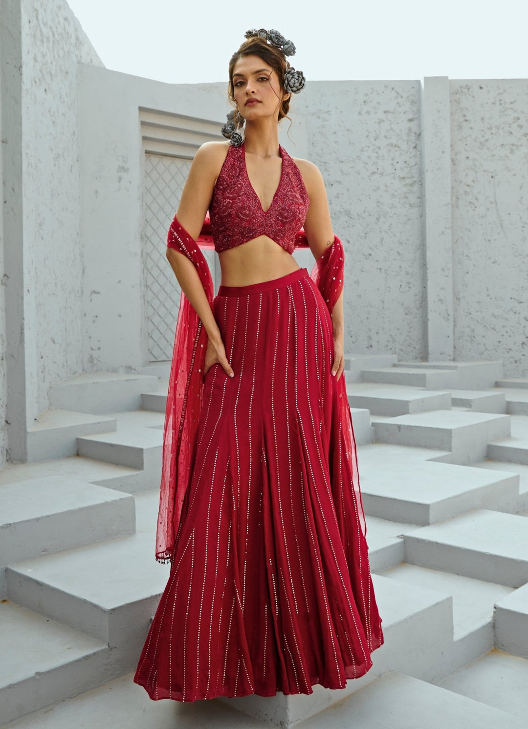 Deep Red Sequin Embroidered Georgette Skirt Set Chamee and Palak - Fabilicious Fashion