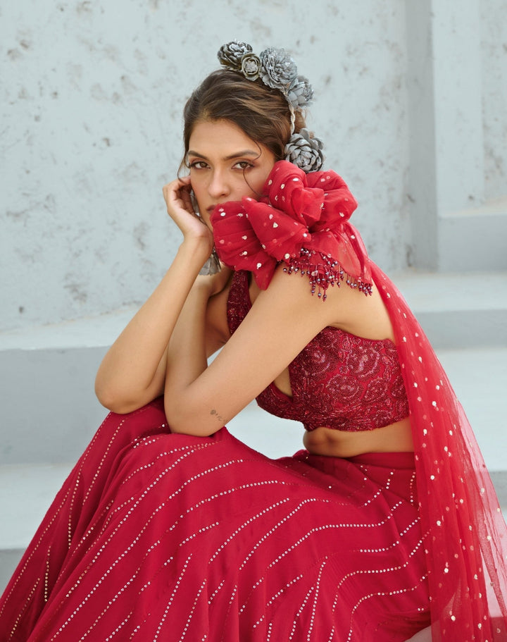 Deep Red Sequin Embroidered Georgette Skirt Set Chamee and Palak - Fabilicious Fashion