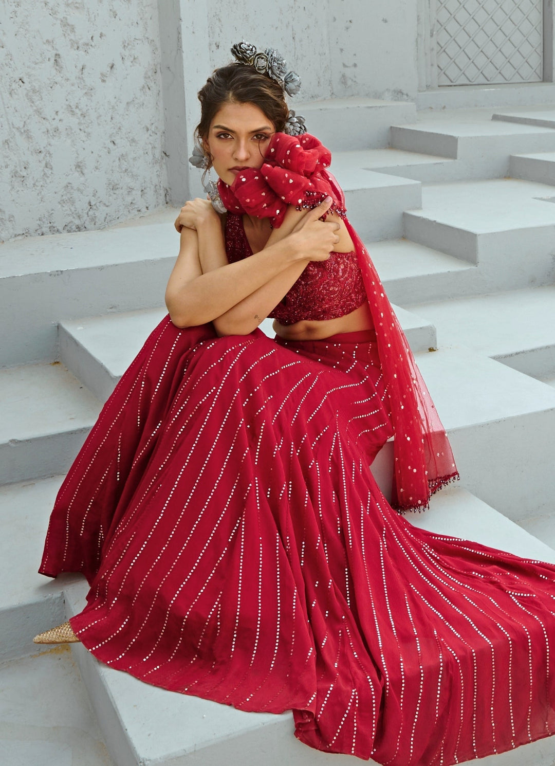 Deep Red Sequin Embroidered Georgette Skirt Set Chamee and Palak - Fabilicious Fashion