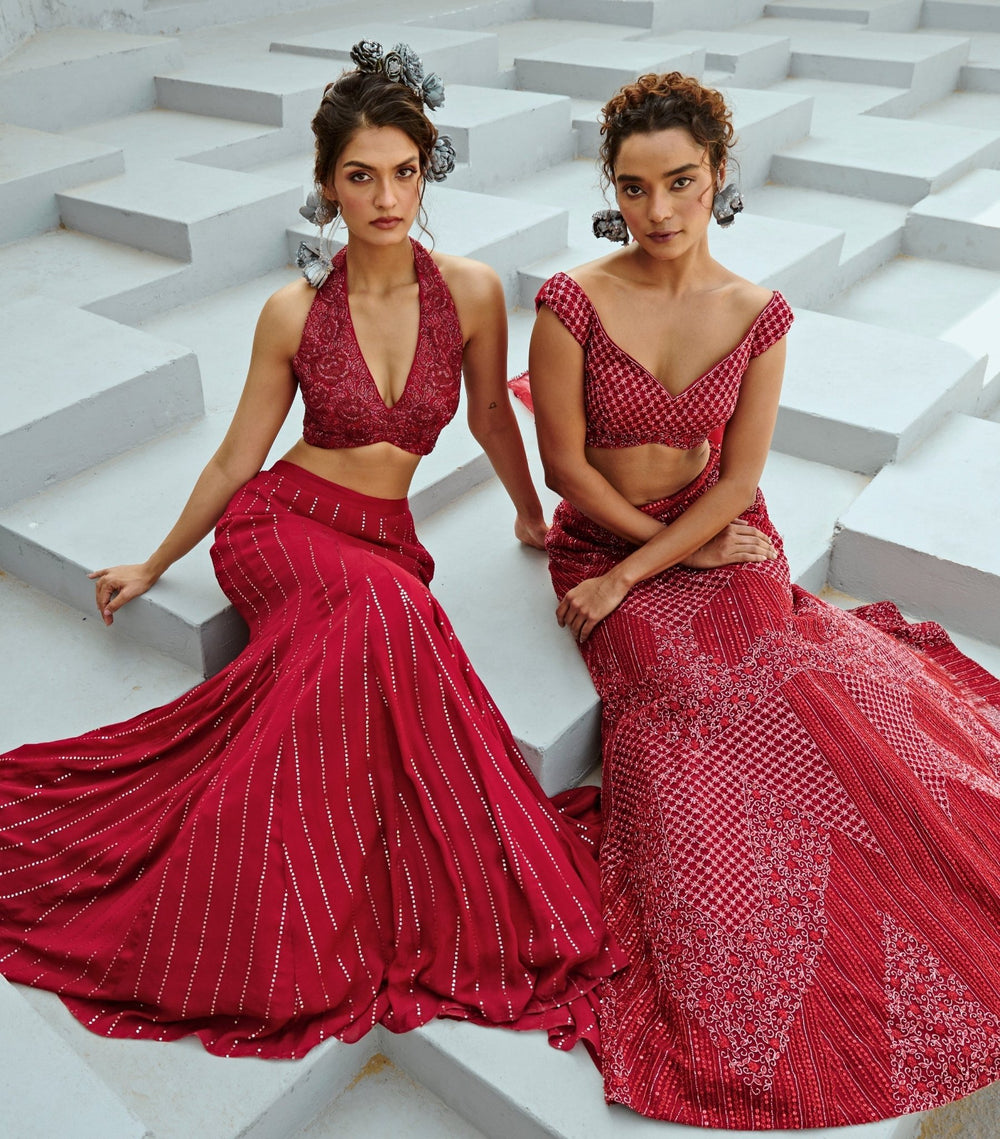 Deep Red Sequin Embroidered Georgette Skirt Set Chamee and Palak - Fabilicious Fashion