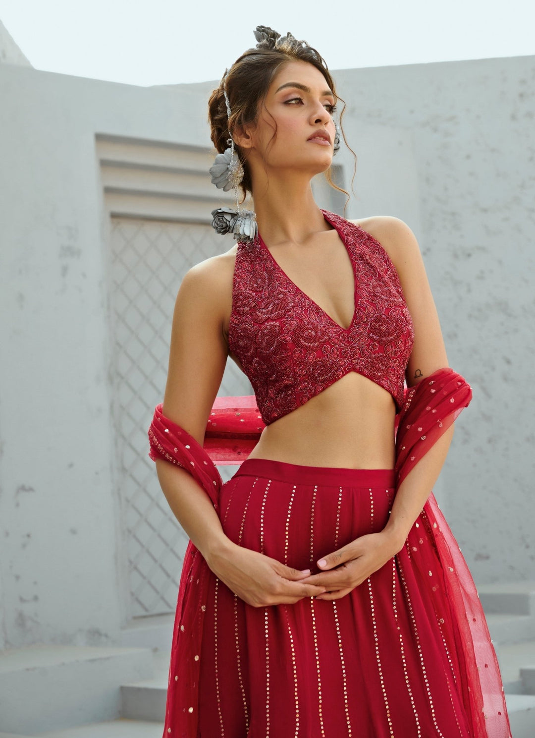 Deep Red Sequin Embroidered Georgette Skirt Set Chamee and Palak - Fabilicious Fashion