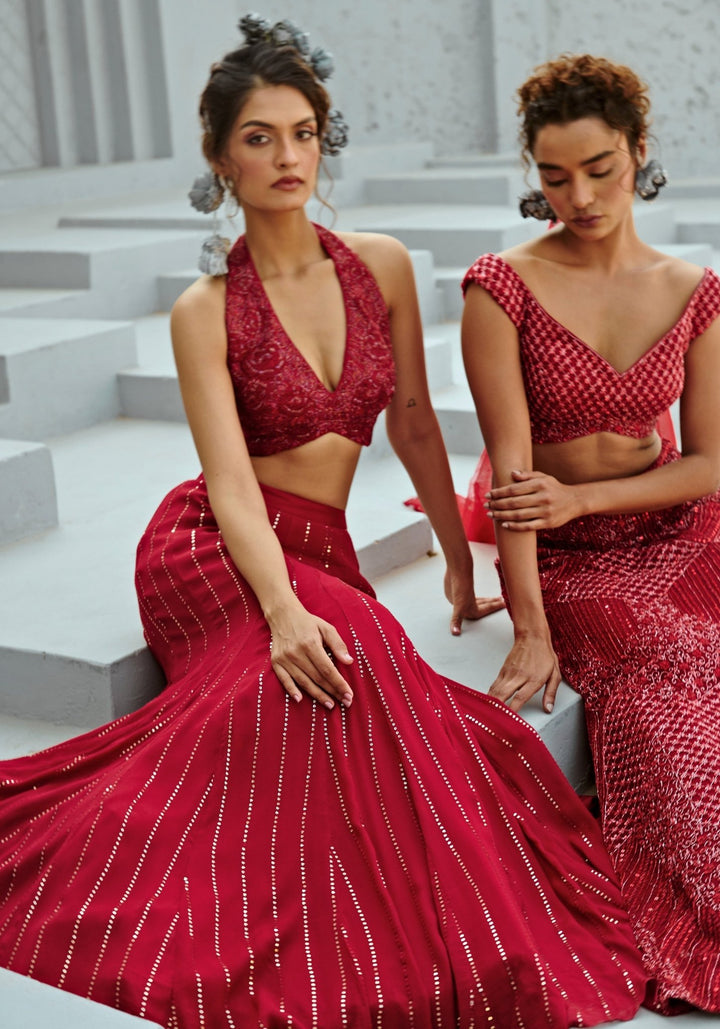 Deep Red Sequin Embroidered Georgette Skirt Set Chamee and Palak - Fabilicious Fashion