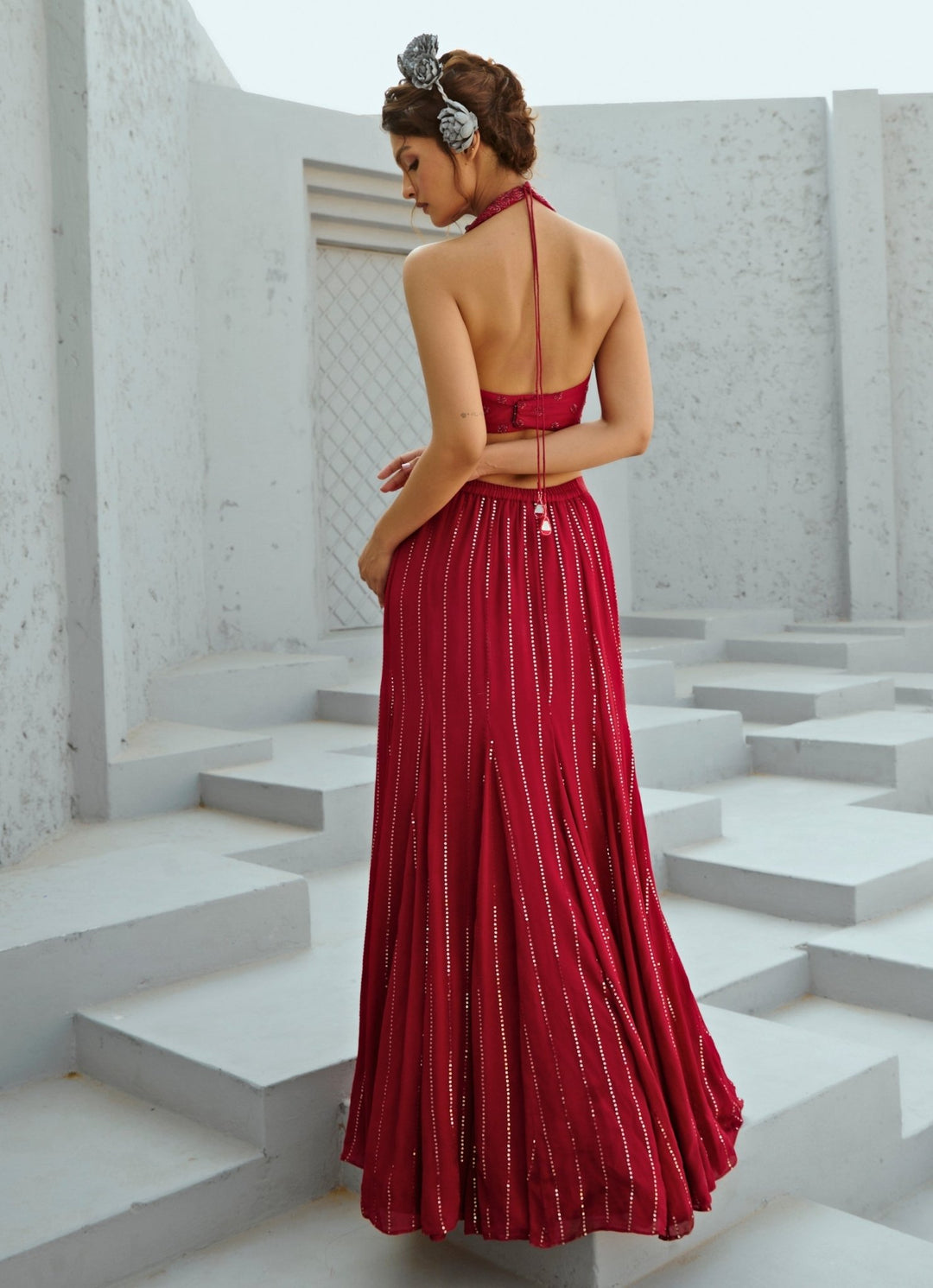 Deep Red Sequin Embroidered Georgette Skirt Set Chamee and Palak - Fabilicious Fashion