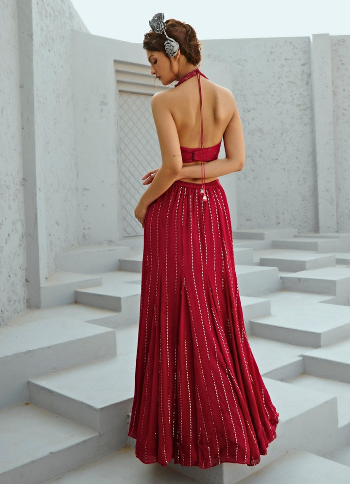 Deep Red Sequin Embroidered Georgette Skirt Set Chamee and Palak - Fabilicious Fashion
