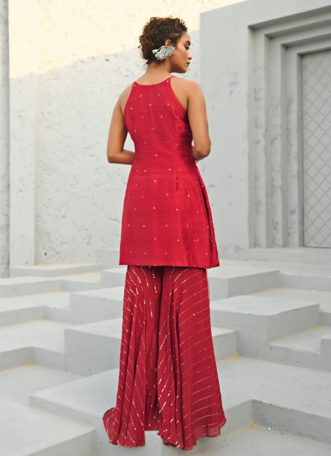 Deep Red Sequin Embroidered Silk Kurta Sharara Set Chamee and Palak - Fabilicious Fashion