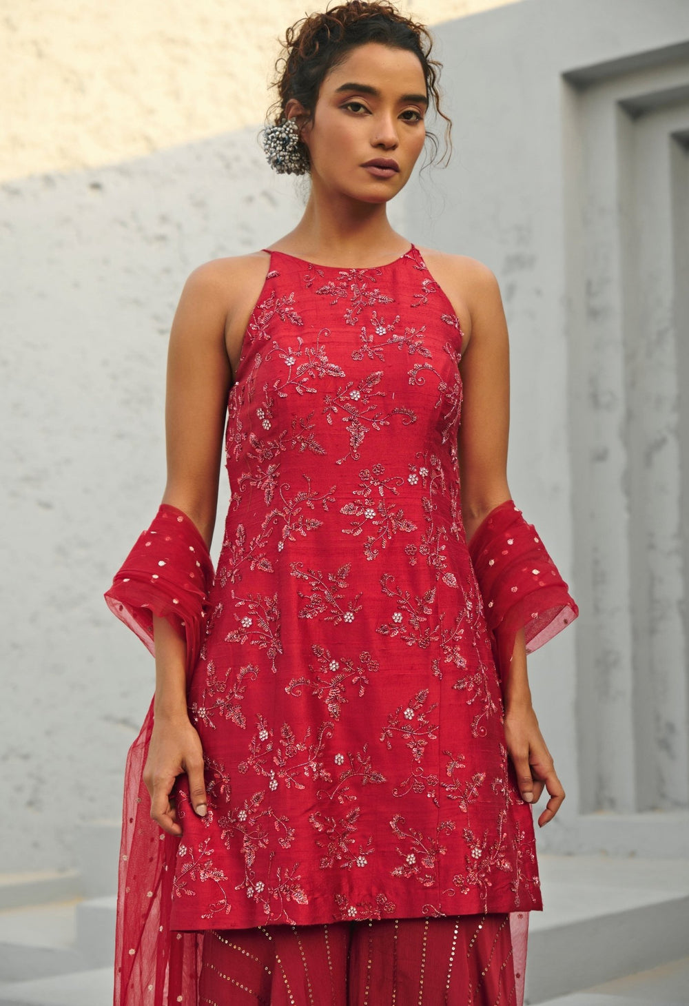 Deep Red Sequin Embroidered Silk Kurta Sharara Set Chamee and Palak - Fabilicious Fashion
