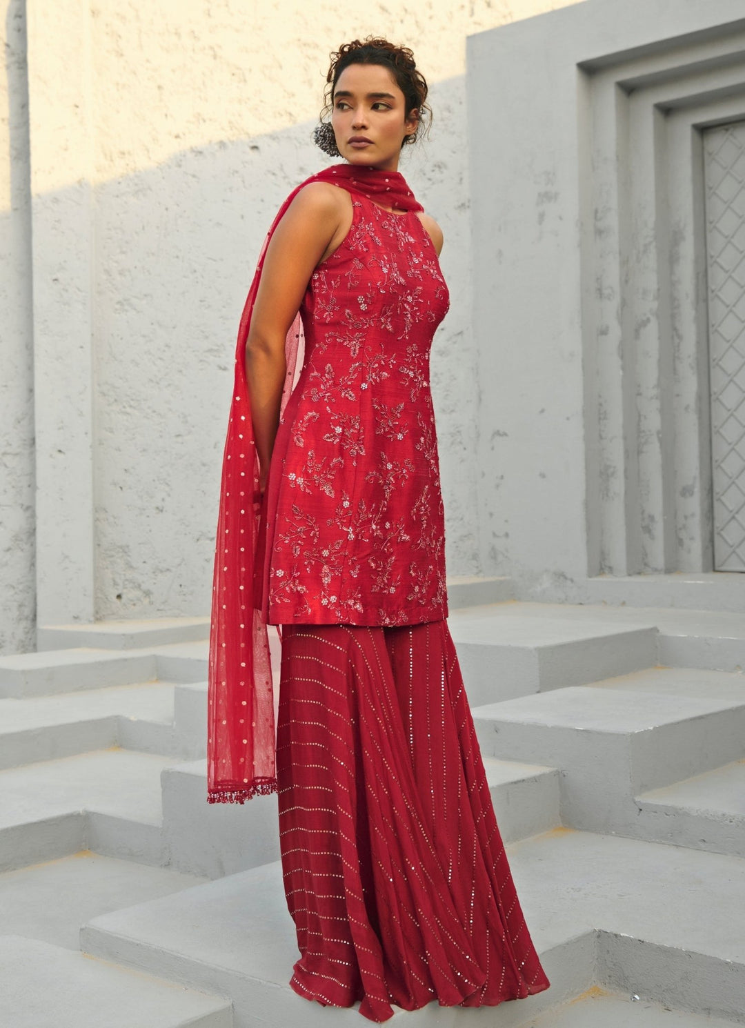 Deep Red Sequin Embroidered Silk Kurta Sharara Set Chamee and Palak - Fabilicious Fashion