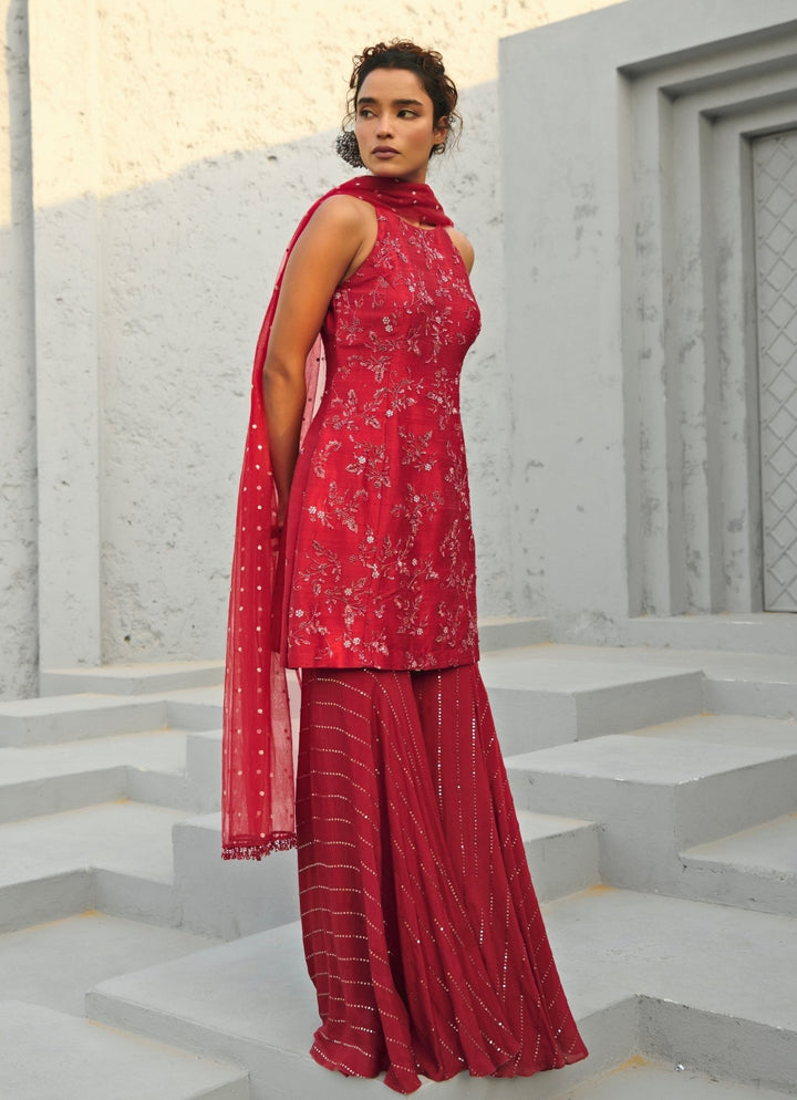 Deep Red Sequin Embroidered Silk Kurta Sharara Set Chamee and Palak - Fabilicious Fashion