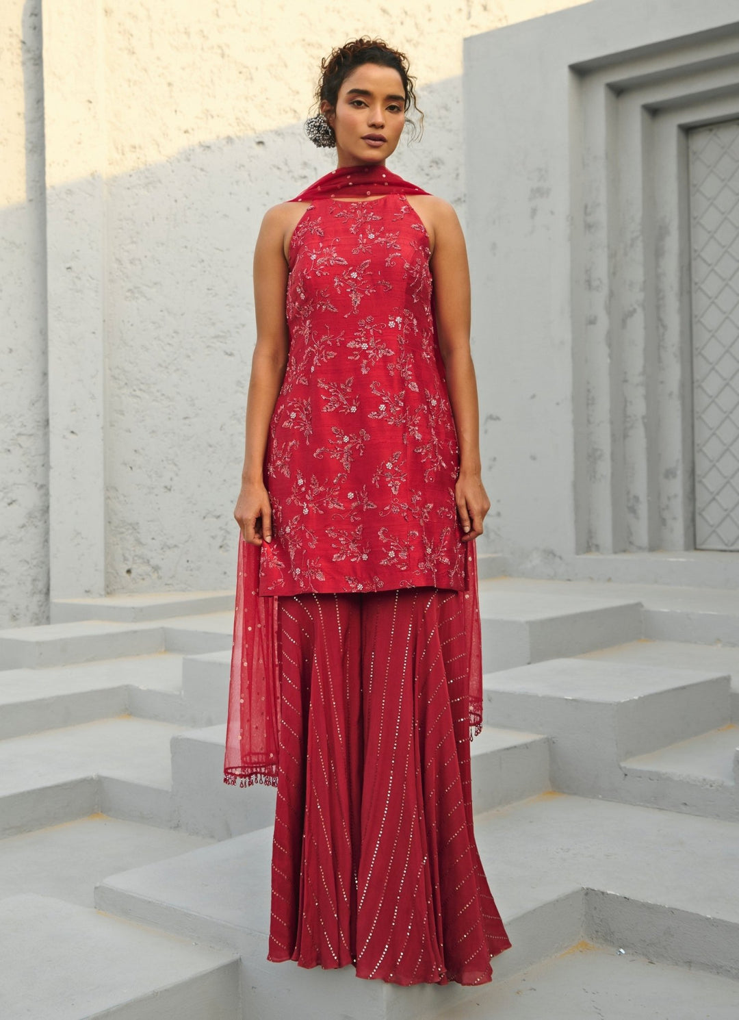 Deep Red Sequin Embroidered Silk Kurta Sharara Set Chamee and Palak - Fabilicious Fashion
