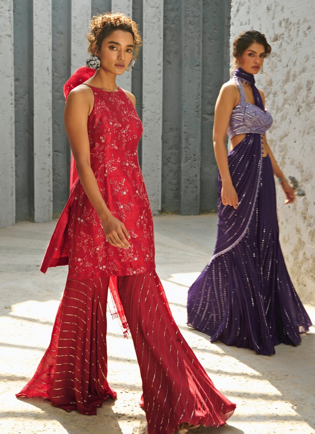 Deep Red Sequin Embroidered Silk Kurta Sharara Set Chamee and Palak - Fabilicious Fashion