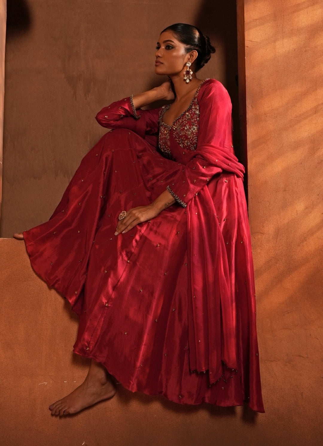Deep Red Silk Corset Anarkali Enamour by Radha - Fabilicious Fashion