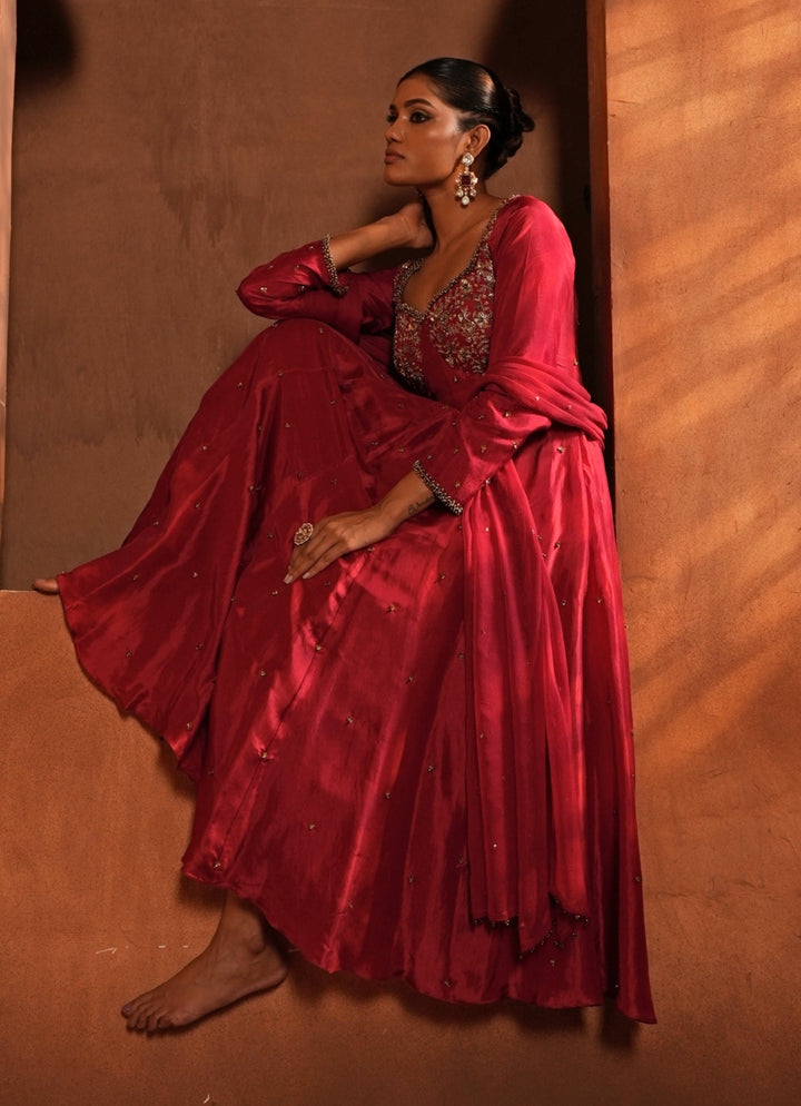 Deep Red Silk Corset Anarkali Enamour by Radha - Fabilicious Fashion