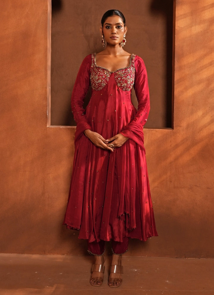 Deep Red Silk Corset Anarkali Enamour by Radha - Fabilicious Fashion