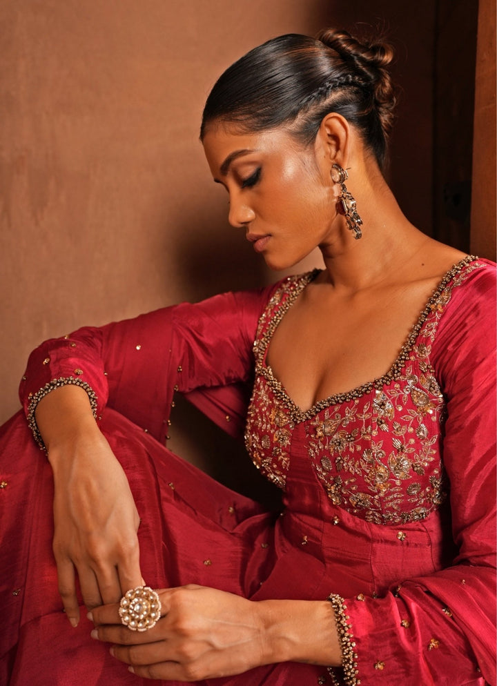 Deep Red Silk Corset Anarkali Enamour by Radha - Fabilicious Fashion