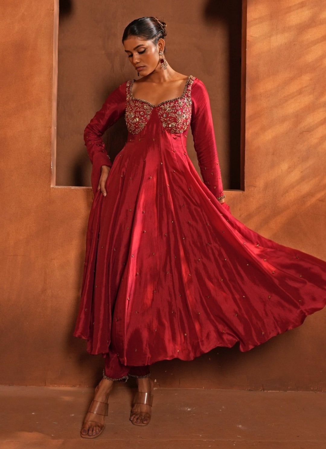 Enamour by Radha Deep Red Silk Corset Anarkali Fabilicious Fashion Enamour by Radha Deep Red Silk Corset Anarkali Fabilicious Fashion
