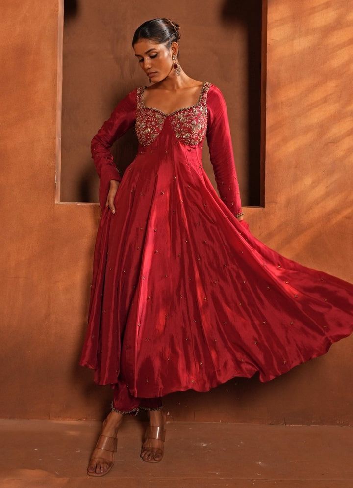 Deep Red Silk Corset Anarkali Enamour by Radha - Fabilicious Fashion