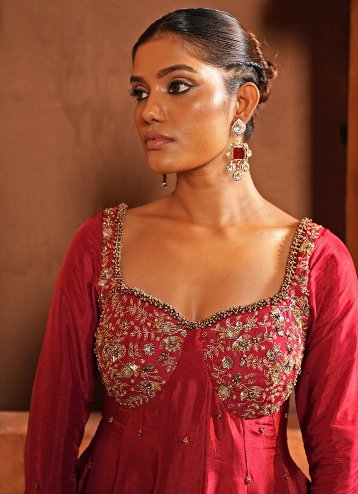 Deep Red Silk Corset Anarkali Enamour by Radha - Fabilicious Fashion