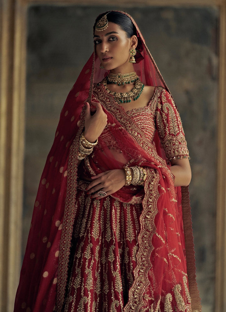Deep Red Silk Embroidered Bridal Lehenga Set Nitika Gujral - Fabilicious Fashion