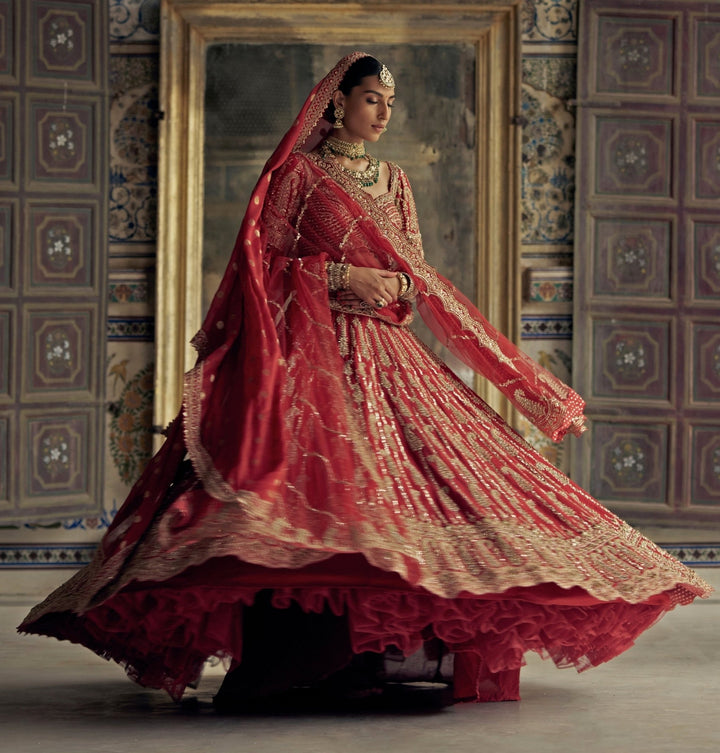 Deep Red Silk Embroidered Bridal Lehenga Set Nitika Gujral - Fabilicious Fashion