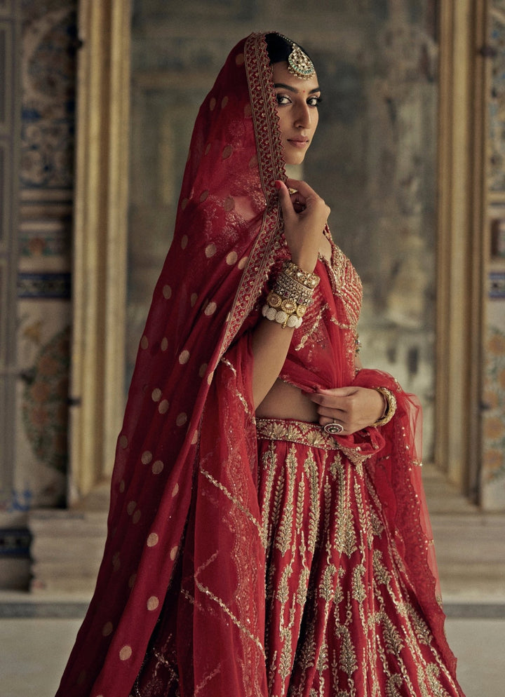 Deep Red Silk Embroidered Bridal Lehenga Set Nitika Gujral - Fabilicious Fashion