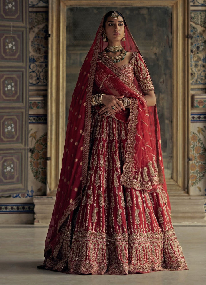 Deep Red Silk Embroidered Bridal Lehenga Set Nitika Gujral - Fabilicious Fashion