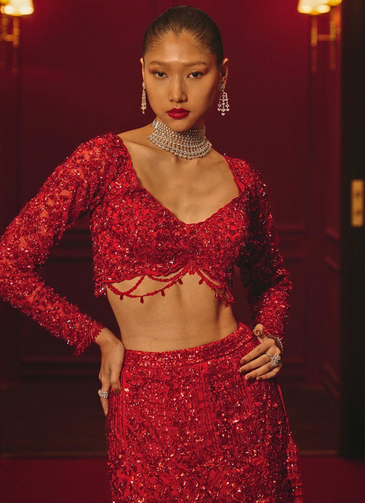 Deep Red Soft Net Mermaid Lehenga Angad Singh - Fabilicious Fashion