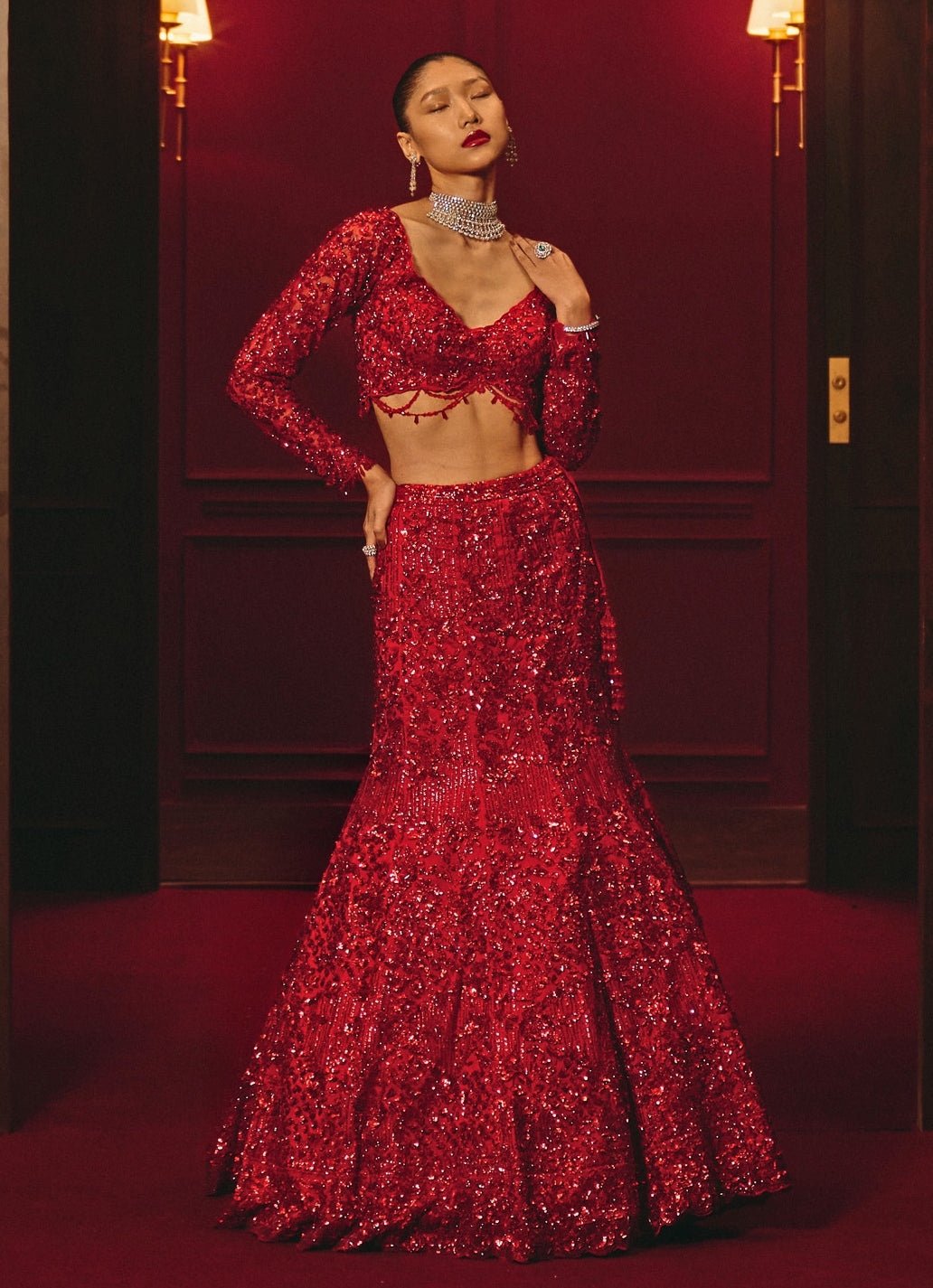 Deep Red Soft Net Mermaid Lehenga Angad Singh - Fabilicious Fashion