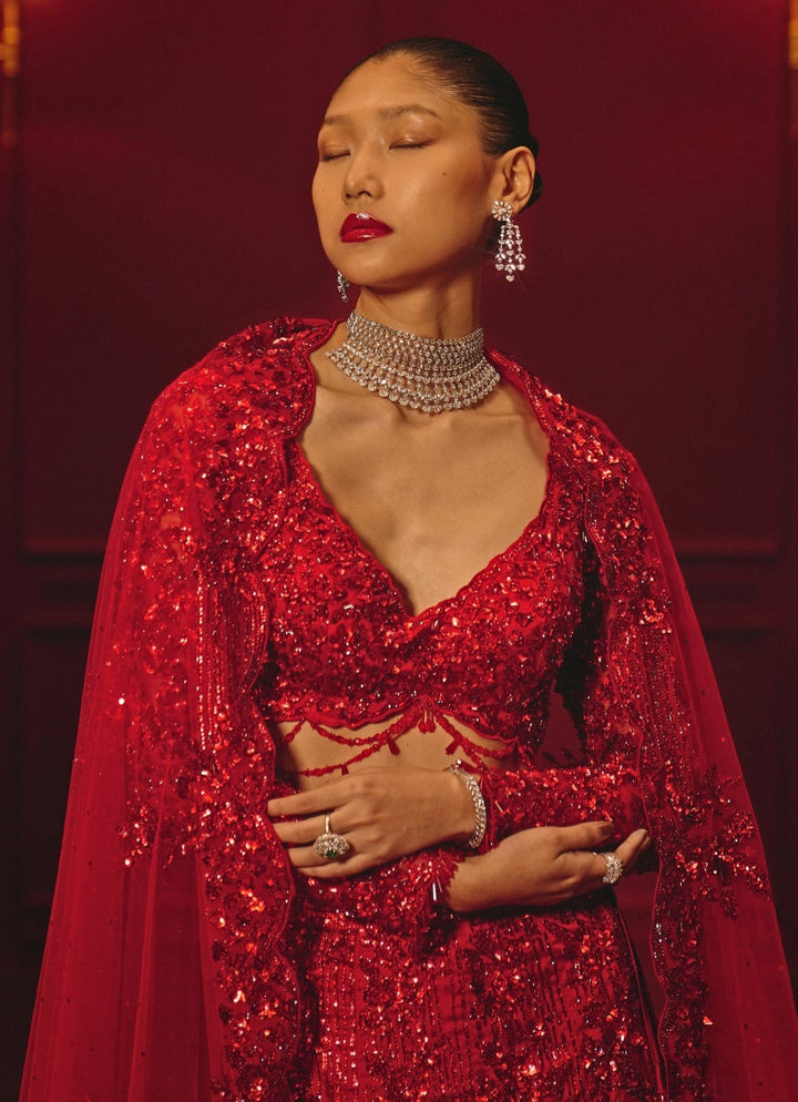 Deep Red Soft Net Mermaid Lehenga Angad Singh - Fabilicious Fashion